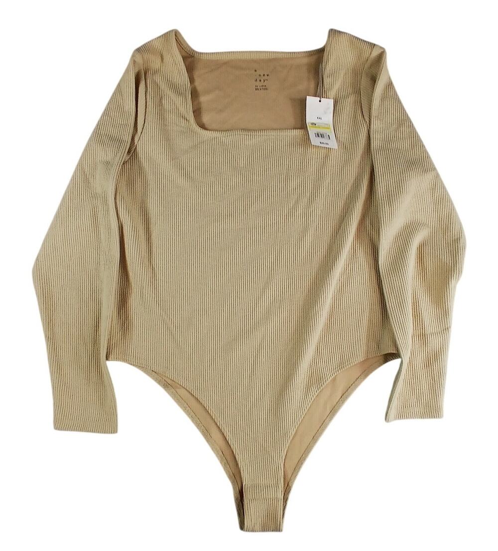 A New Day Bodysuit Women XXL 2XL Beige Long Sleeve Square Neck Ribbed Target NWT